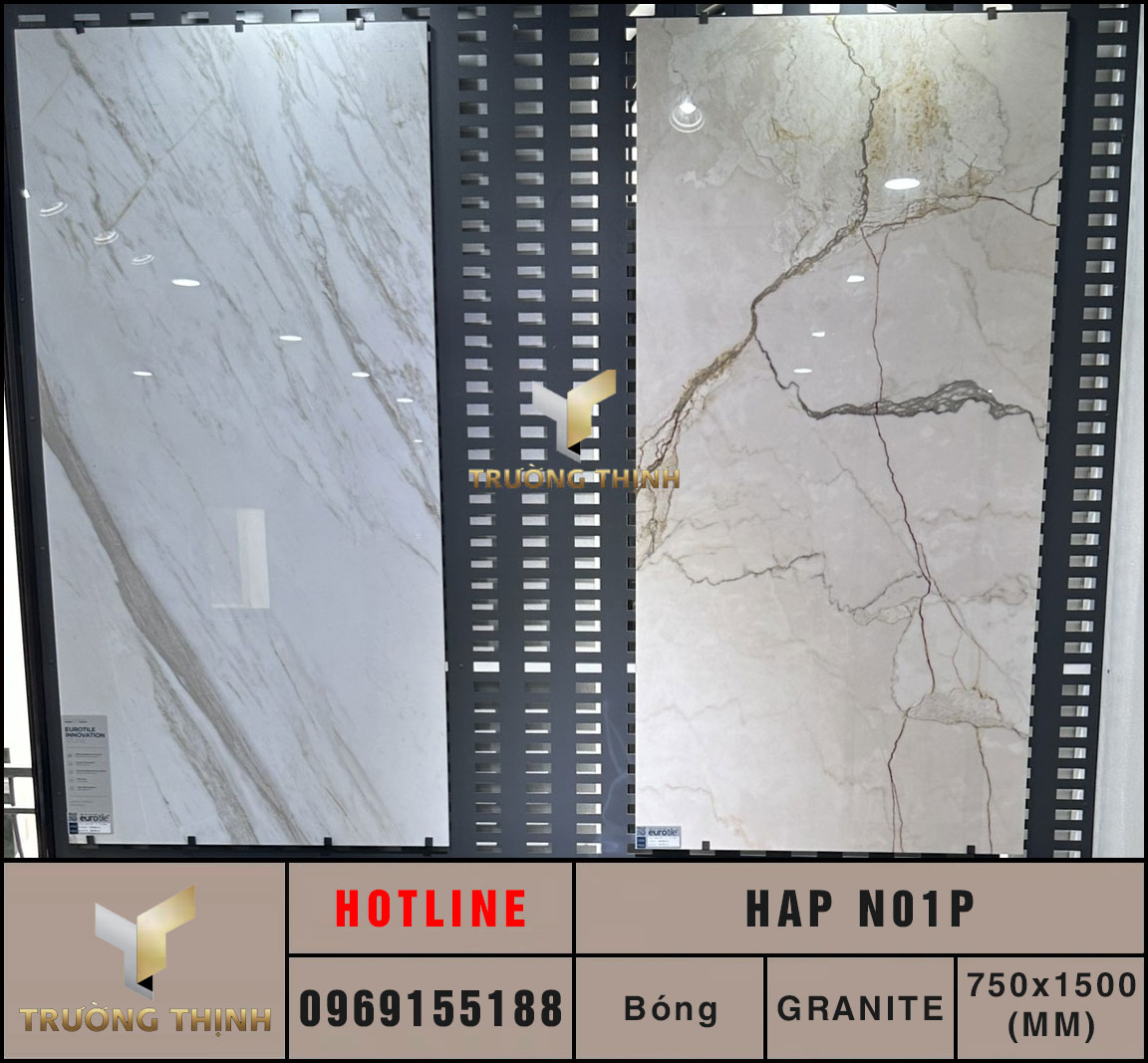 Ảnh thực tế gạch tấm lớn 750x1500 Eurotile Hải Phong HAP N01P đang được trưng bày tại showroom