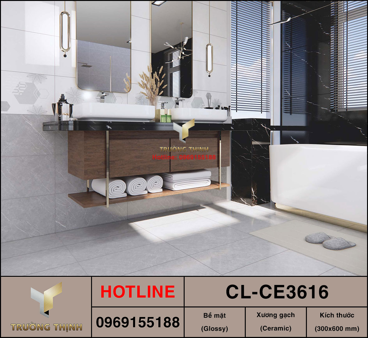 Gạch men Ceramic 300x600 Viglacera Cửu Long CL-CE3616 vân đá