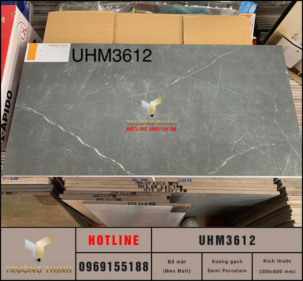 Gạch ốp lát 300x600 Semi Porcelain màu xám đen Viglacera UHM3612