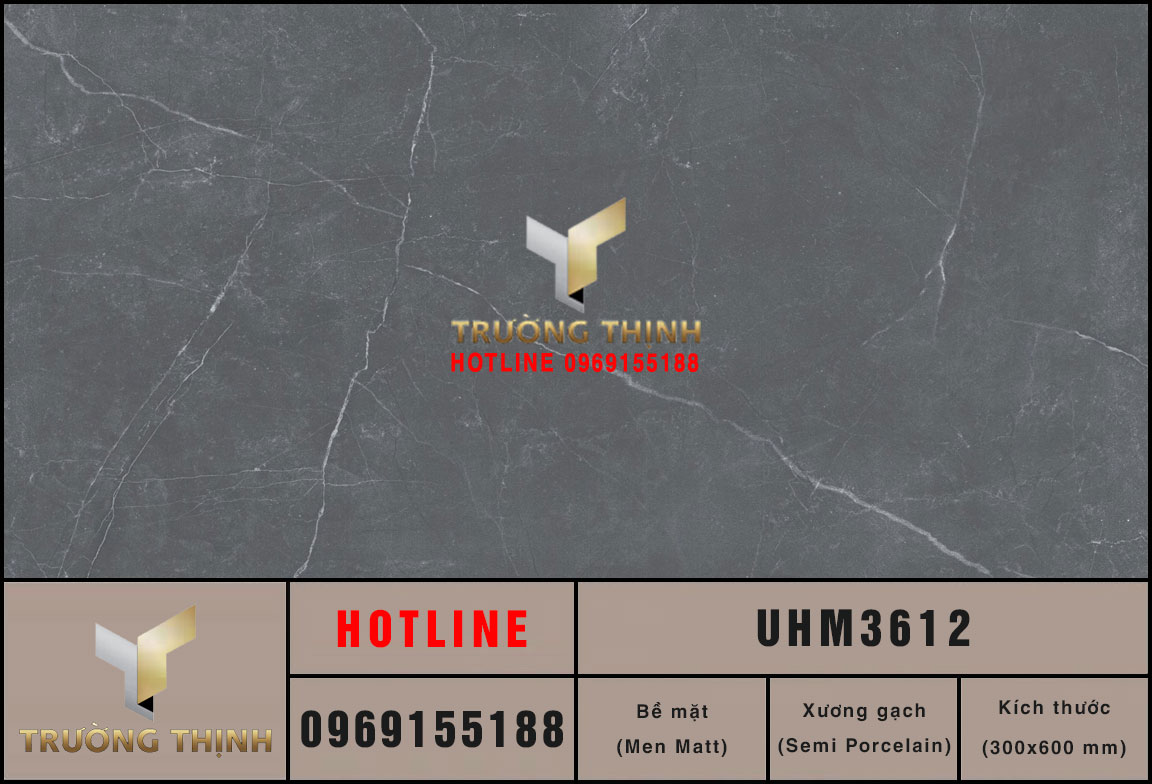 Gạch ốp lát 300x600 Semi Porcelain màu xám đen Viglacera UHM3612