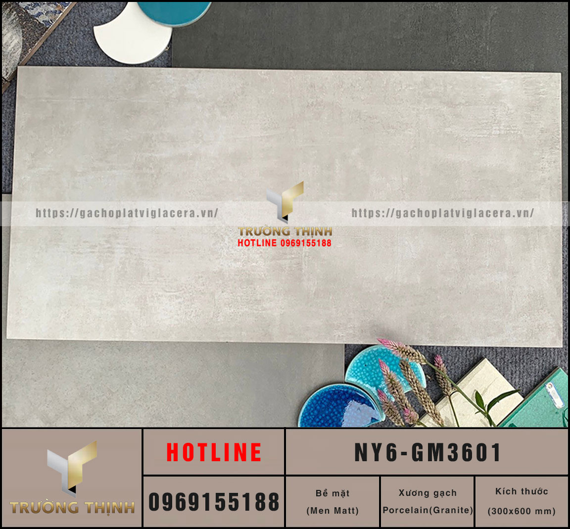 Gạch ốp lát chống trơn vân xi măng 300x600 Viglacera NY6-GM3601 - Trường Thịnh