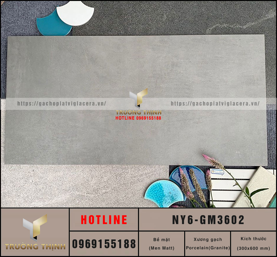 Gạch Viglacera NY6-GM3602 300x600 Vân Xi Măng Ghi Xám - Trường Thịnh