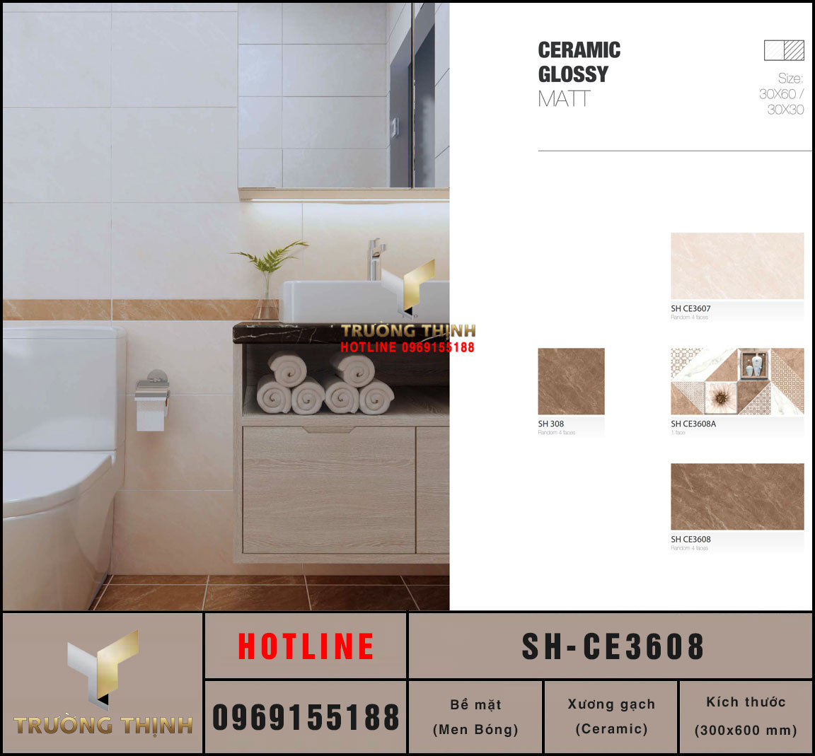 Gạch ốp tường ceramic 300x600 Viglacera Sông Hồng SH-CE3608 vân đá