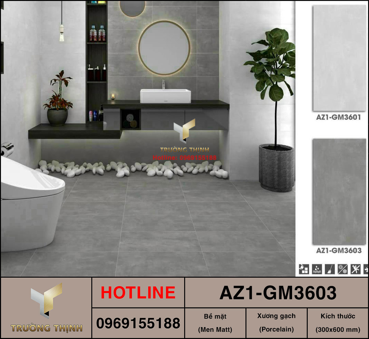 Gạch ốp tường giả xi măng 300x600 Viglacera AZ1-GM3603