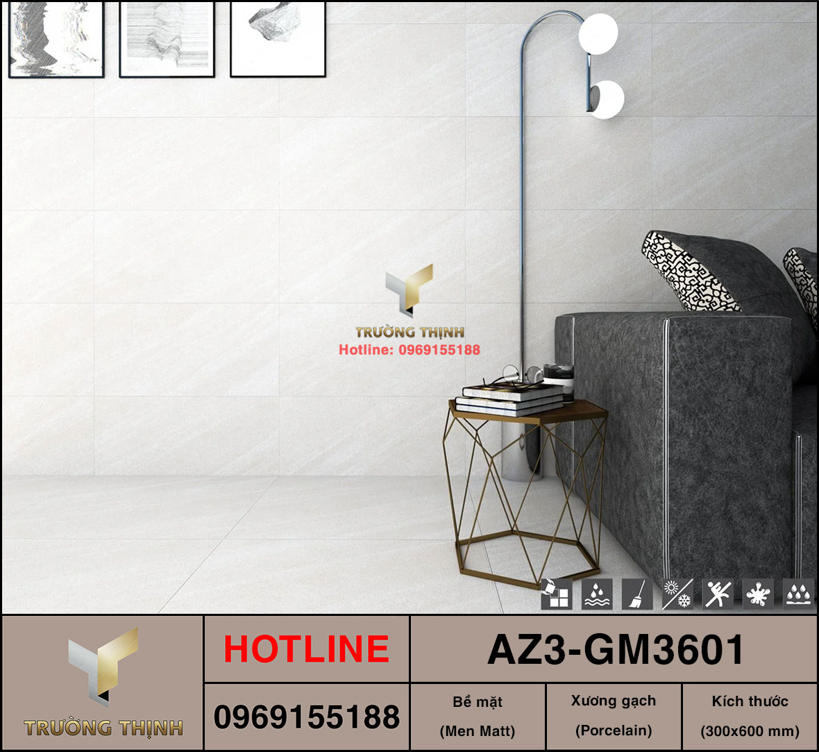 Gạch ốp tường men Matt 300x600 Viglacera AZ3-GM3601 cao cấp