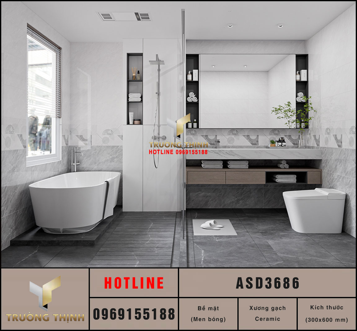 Gạch ốp tường Viglacera ASD3686 300x600: Men bóng, vân đá sang trọng