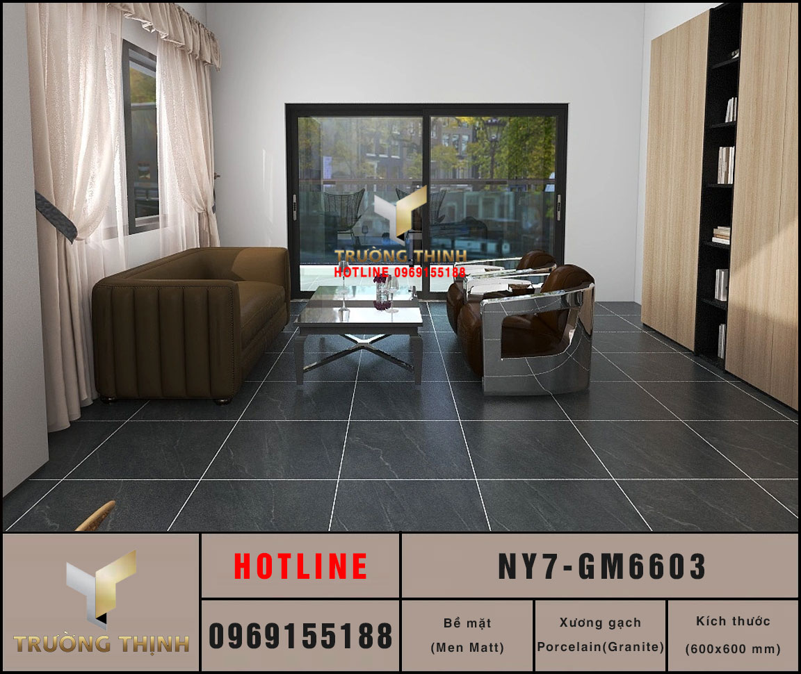 Gạch lát nền granite men khô màu xám đậm 600x600 Viglacera NY7-GM6603