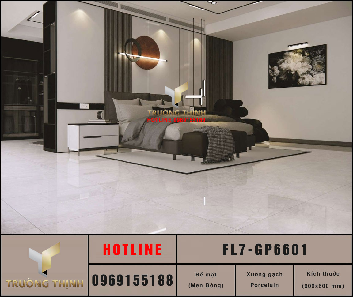 Gạch lát nền Viglacera FL7-GP6601 600x600 | Men bóng màu ghi sáng