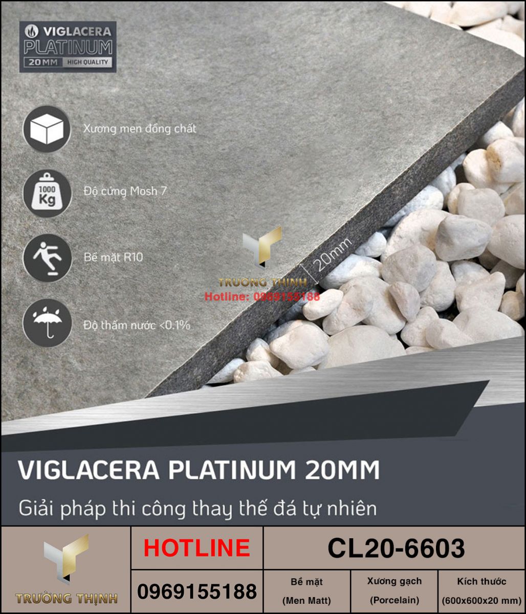 Gạch lát nền sân vườn dày 2 phân Viglacera CL20-6603 vân đá