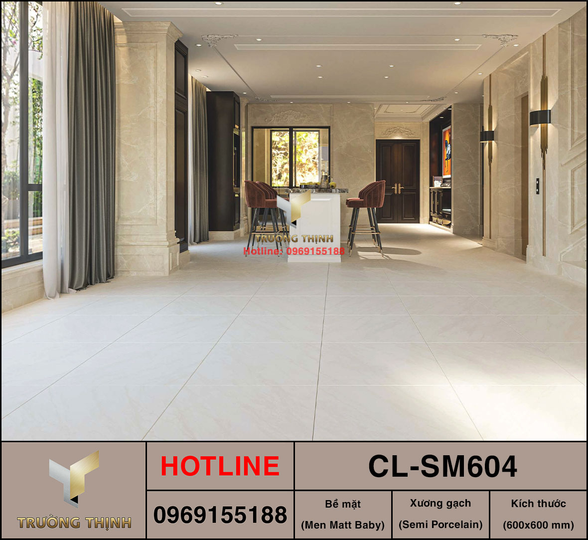 Gạch Semi Porcelain 600x600 Viglacera Cửu Long CL-SM604 vân đá
