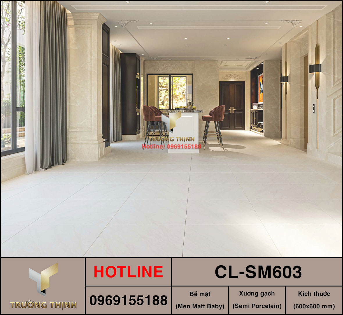 Gạch xương đá 600x600 Viglacera Cửu Long CL-SM603 ghi sáng