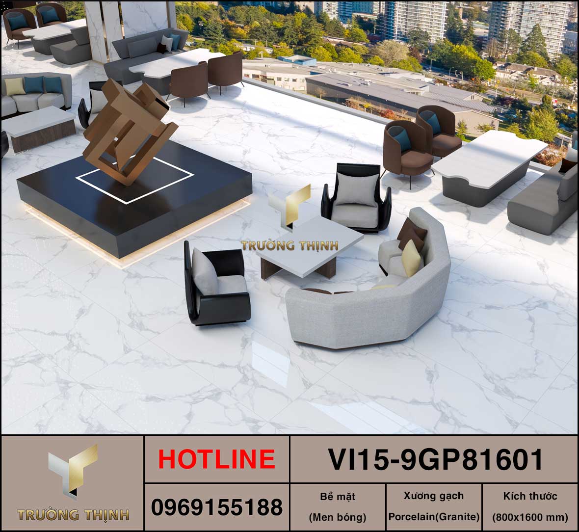 Gạch khổ lớn vân đá màu trắng 800x1600 Viglacera VI15-9GP81601 | Sang trọng, bền đẹp