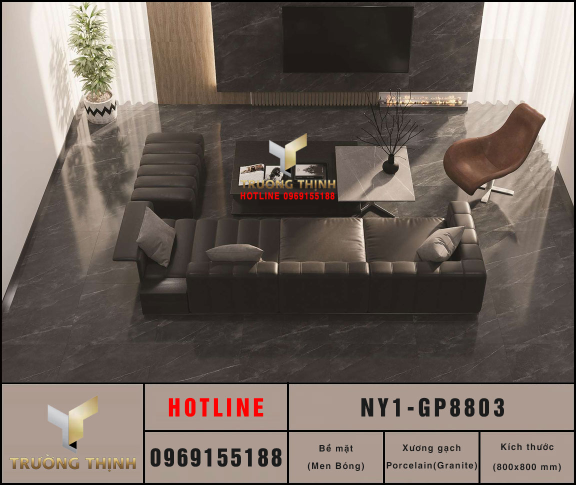 Gạch lát nền Viglacera NY1-GP8803 800x800 Men Bóng Màu Xám Đen Sang Trọng