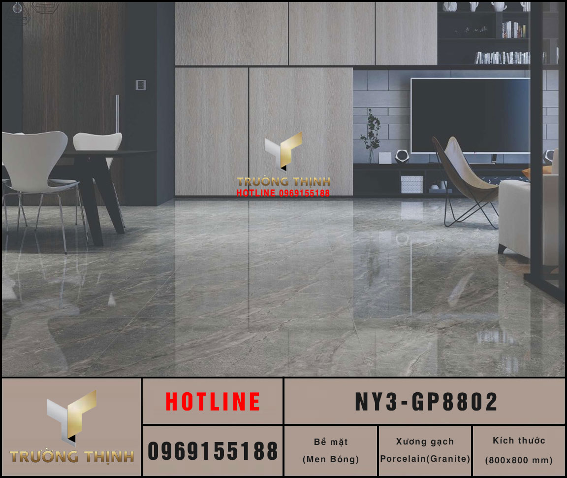 Gạch lát nền Pmen bóng vân đá 800x800 Viglacera NY3-GP8802: Đẳng cấp không gian hiện đại