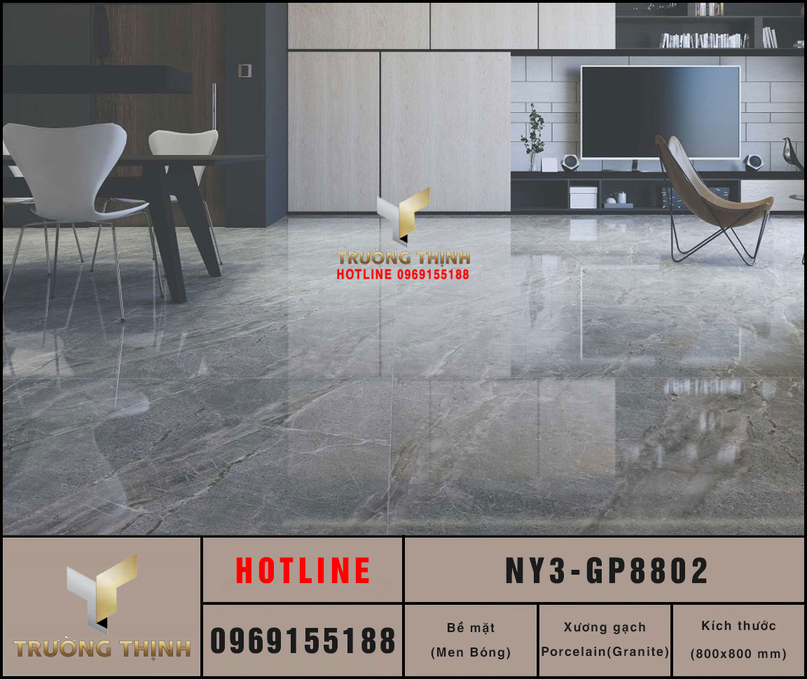 Gạch lát nền Pmen bóng vân đá 800x800 Viglacera NY3-GP8802: Đẳng cấp không gian hiện đại