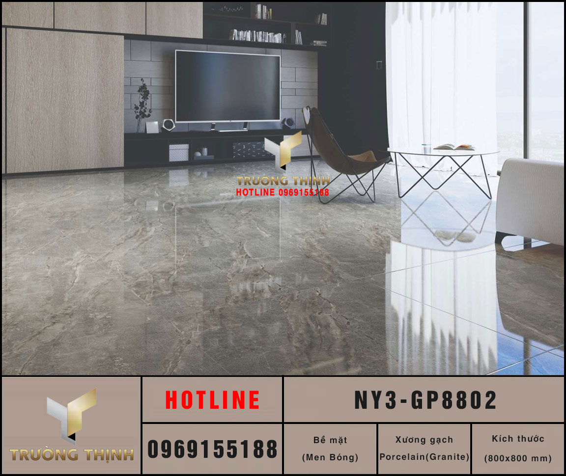 Gạch lát nền Pmen bóng vân đá 800x800 Viglacera NY3-GP8802: Đẳng cấp không gian hiện đại