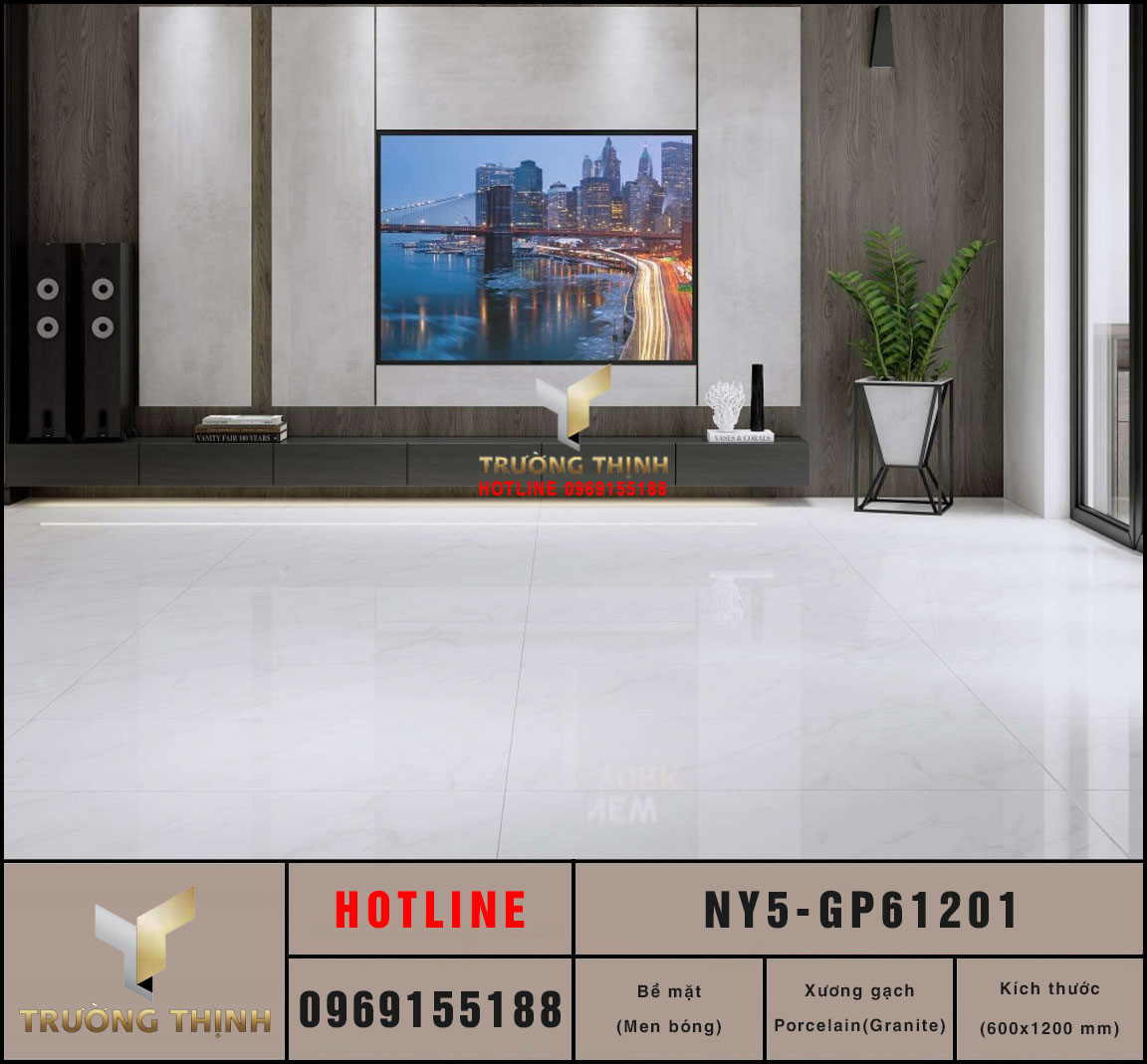 Gạch ốp trắng khói vân mây 600x1200 Viglacera NY5-GP61201: Đẳng cấp không gian hiện đại