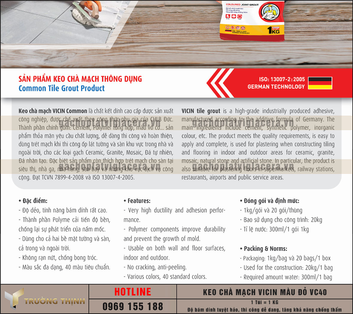 Keo chà mạch cao cấp Vicin màu đỏ VC40 – Chống thấm, bền màu, thẩm mỹ cao