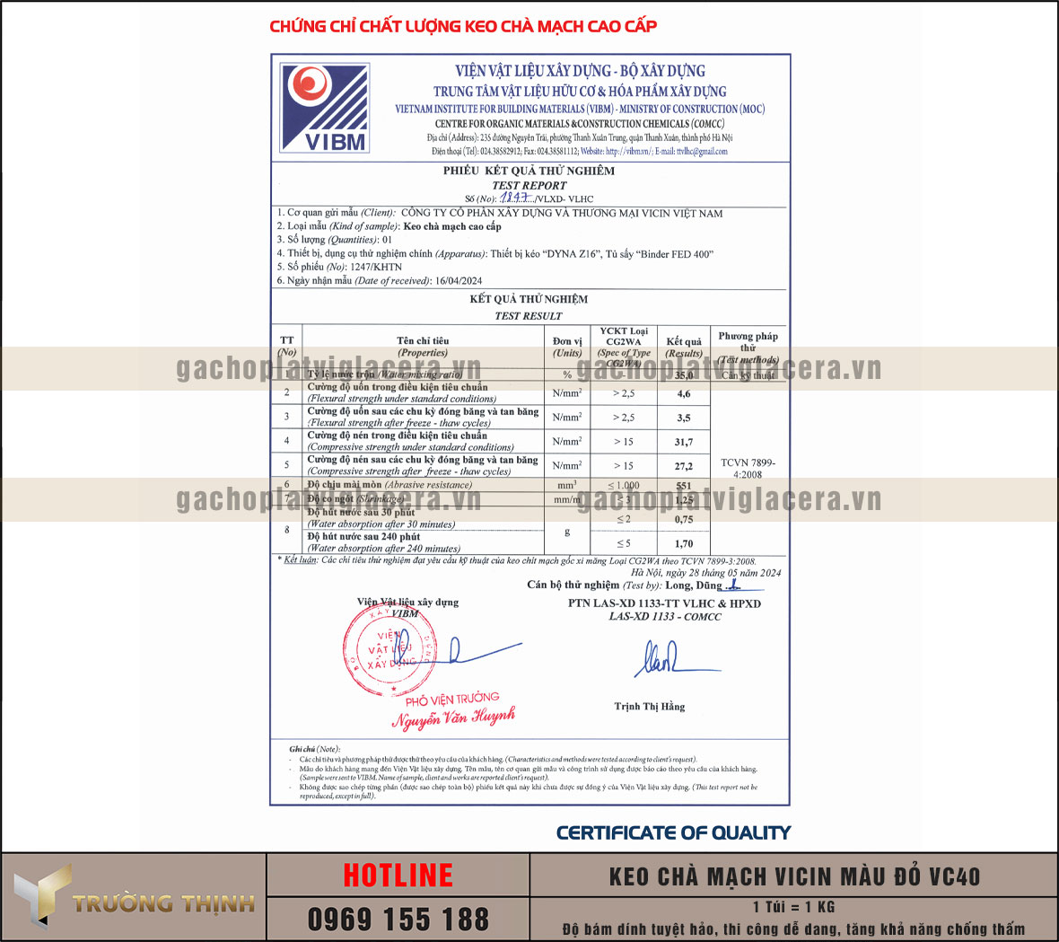 Keo chà mạch cao cấp Vicin màu đỏ VC40 – Chống thấm, bền màu, thẩm mỹ cao