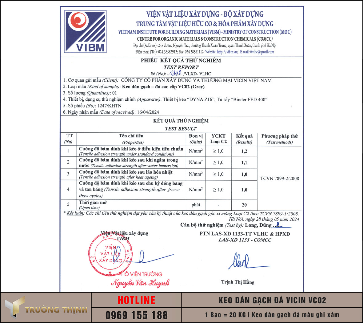 Keo dán gạch đá VICIN – VC02 | Chuyên dụng hồ bơi & gạch khổ lớn 1.2m