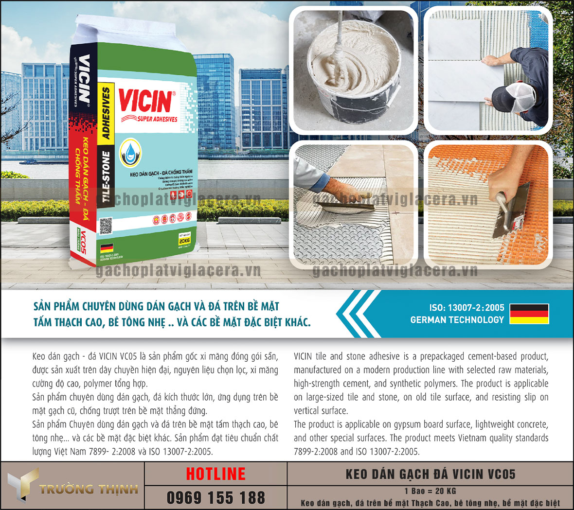 Keo dán gạch đá trên bề mặt thạch cao bê tông VICIN VC05: Giải pháp ốp lát chuyên dụng cho công trình hiện đại